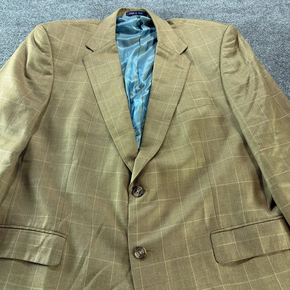 Alan Flusser Mens 46R Silk Wool Blazer Tan Windowpane Sport Coat Autumn Wedding